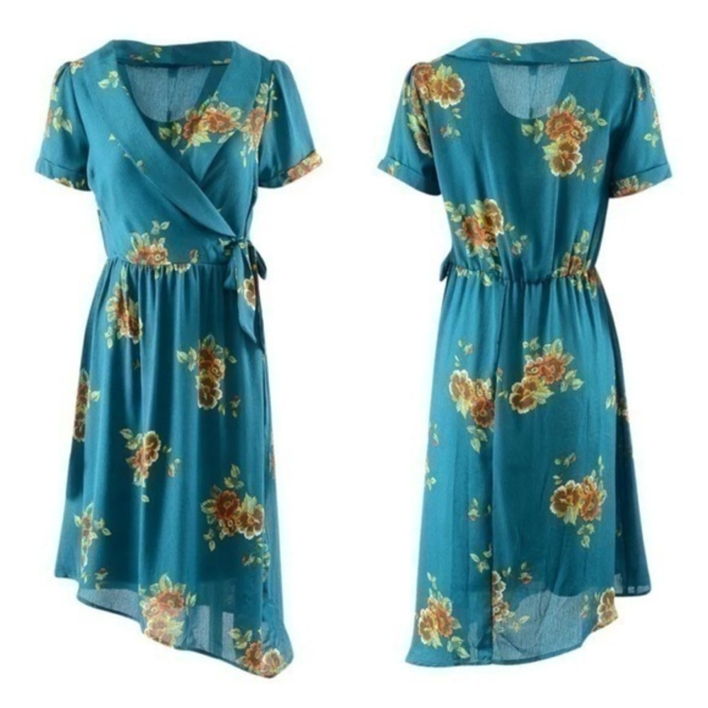 NWT SuperFoxx green floral asymmetric hem faux wrap dress MM26
